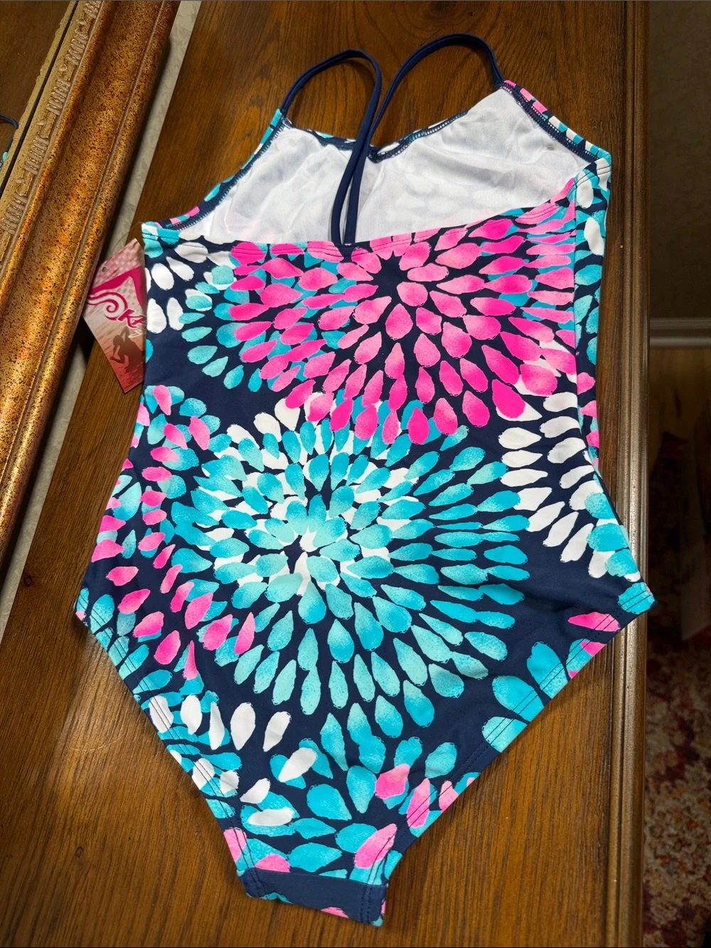 Kanu Surf Navy One-Piece Swimsuit with Pink & Turquoise Floral Print. Size 12.